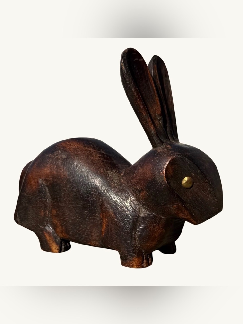 Vintage Wood Rabbit Hand Carved Brass Eyes India Folk Art Bunny